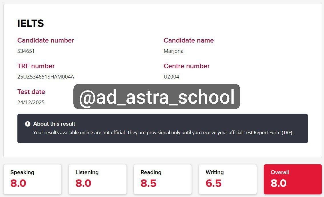 IELTS results summary for Marjona
